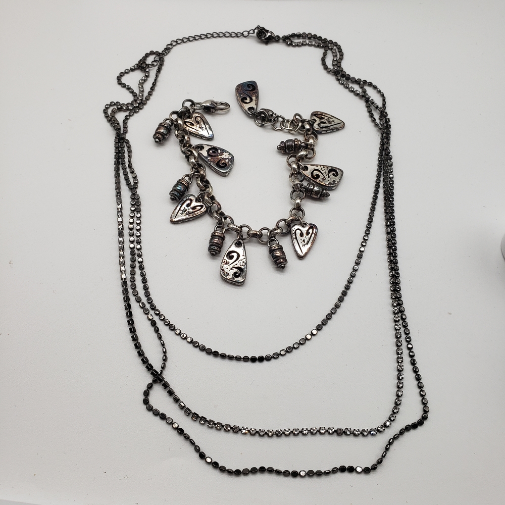 Elegant Vintage Silver Tone Heart Charm Bracelet and 3 Tier Necklace